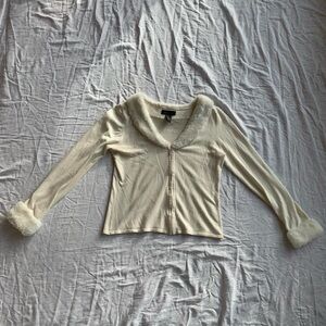Vintage Mantles Cream/White Long Sleeve Faux Fur Trimmed Cardigan Sweater Size M